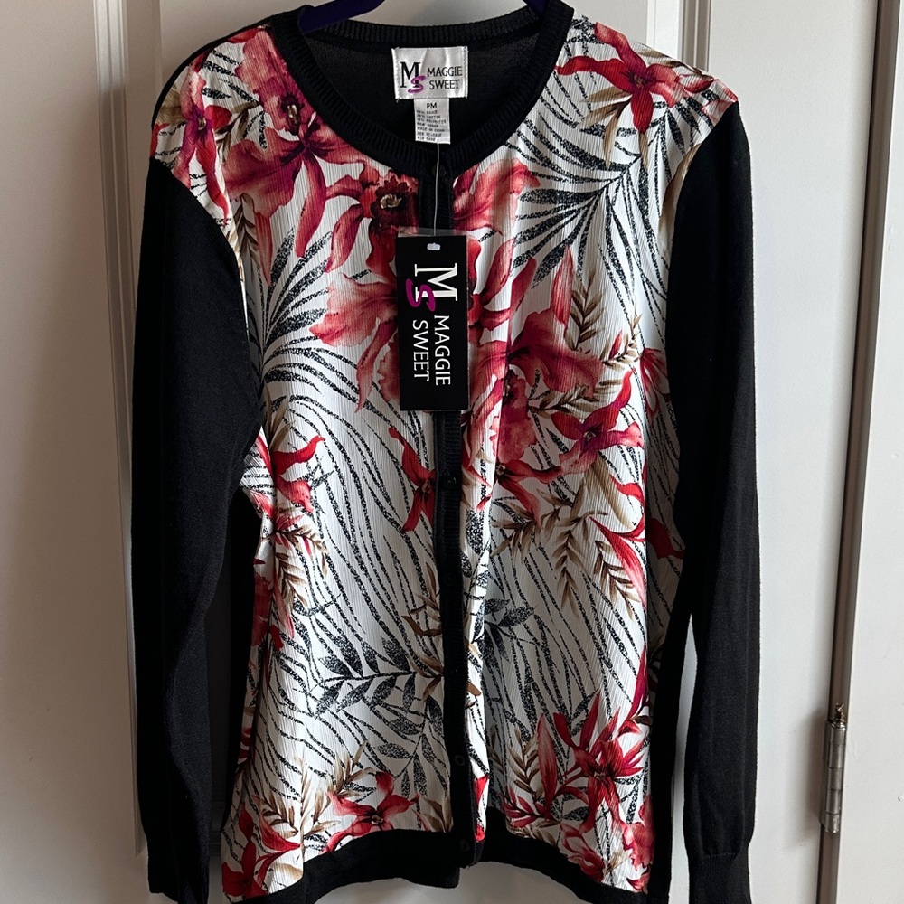 Maggie Sweet Black Floral Print Cardigan Sweater
